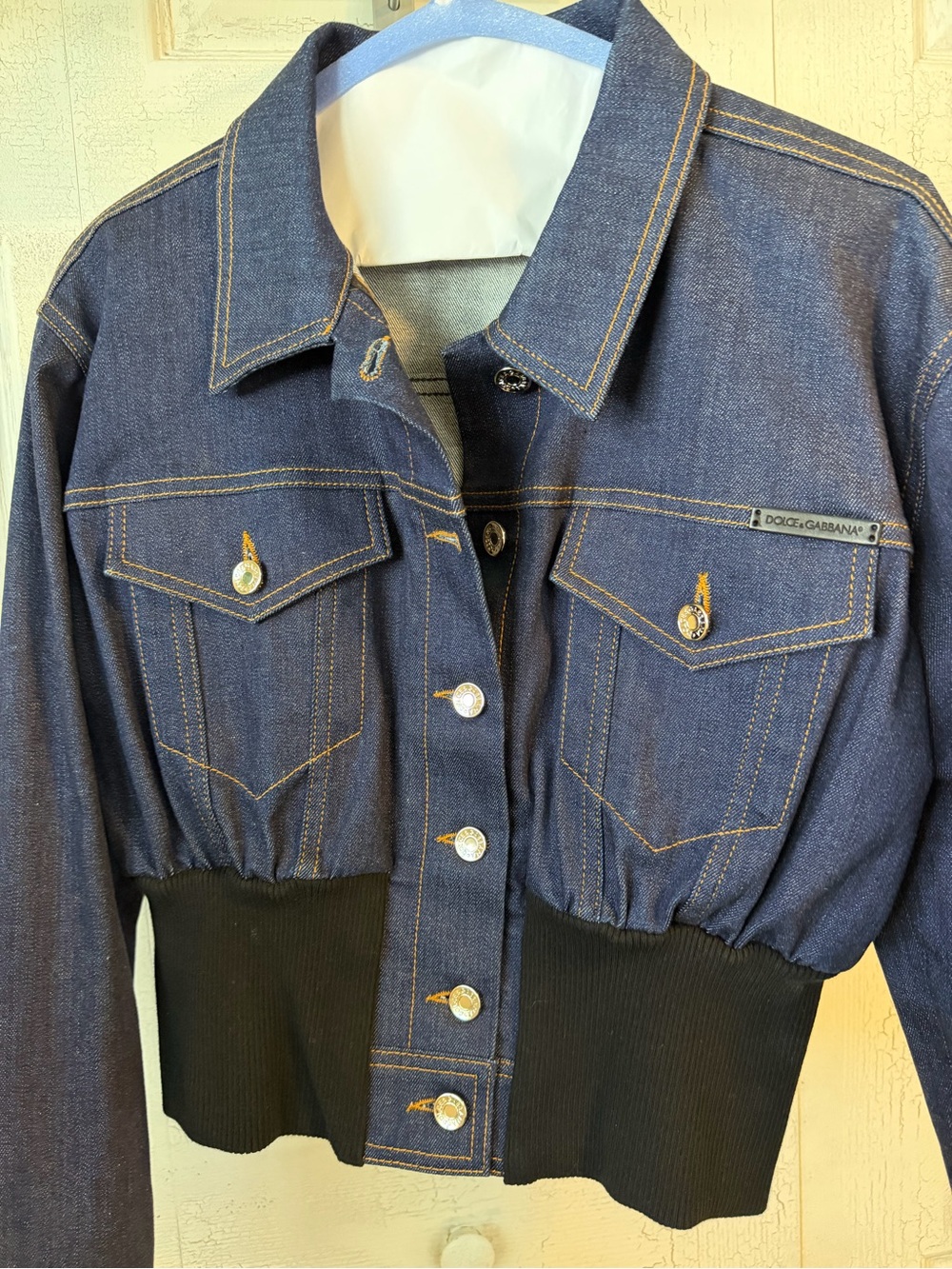 Dolce & Gabbana Indigo Denim Cropped Jacket with Black Ribbed Waist